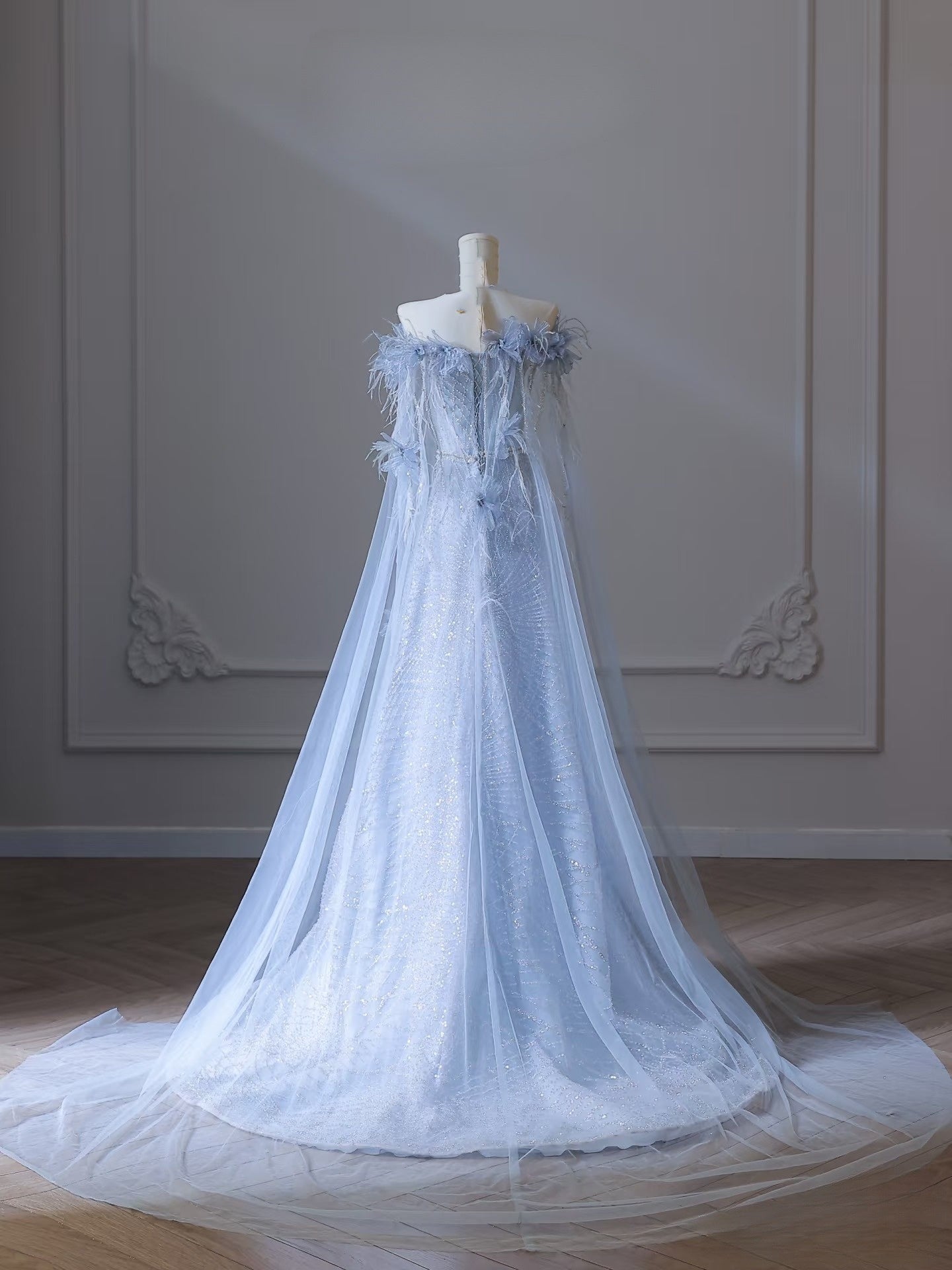 Pretty A Line Off The Shoulder Floor-length Blue Sequin Short Sleeves Evening Dress Prom Dresses