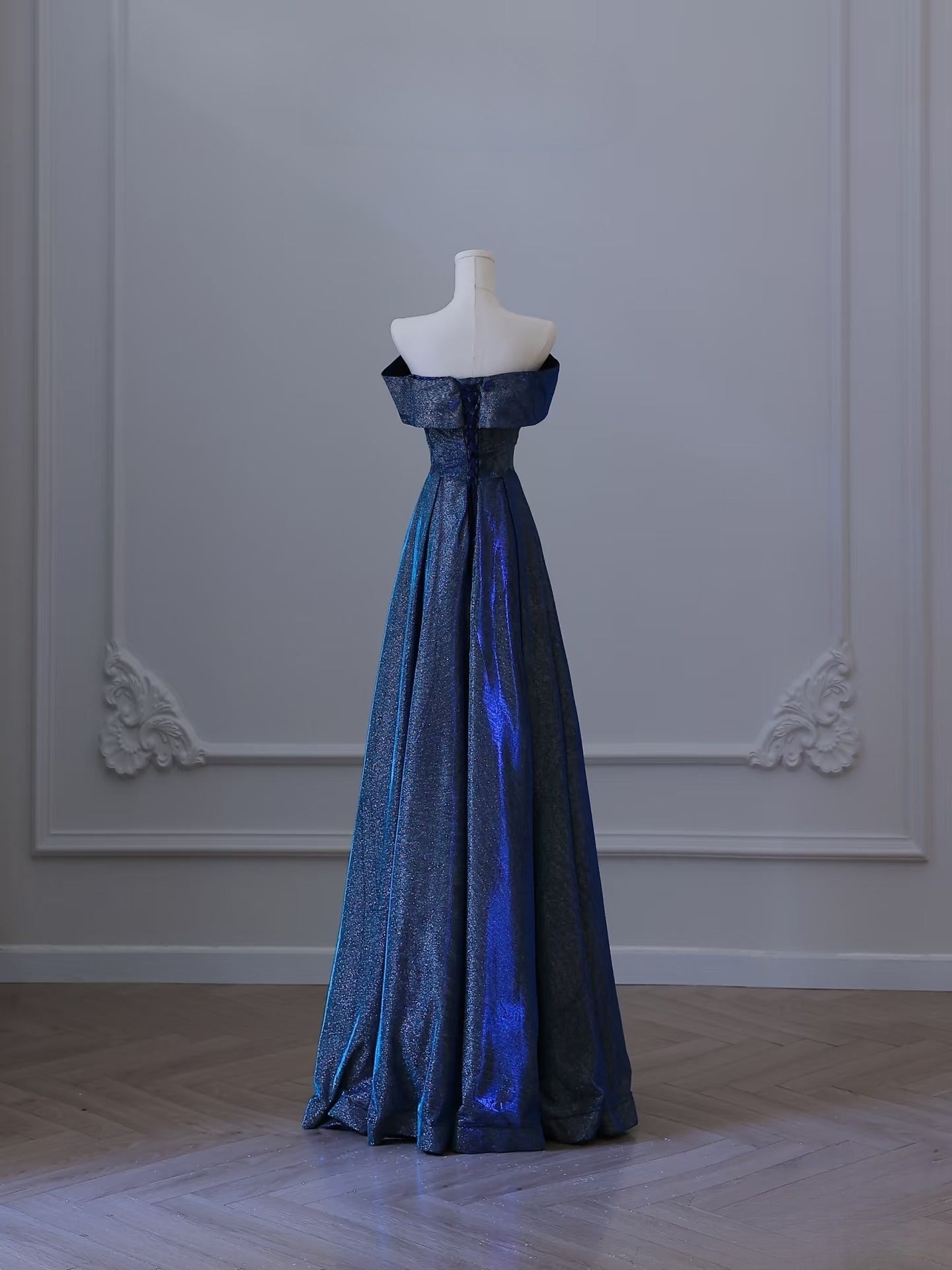 Pretty A Line Off The Shoulder Blue Sequin Long Prom Dresses Evening Gowns