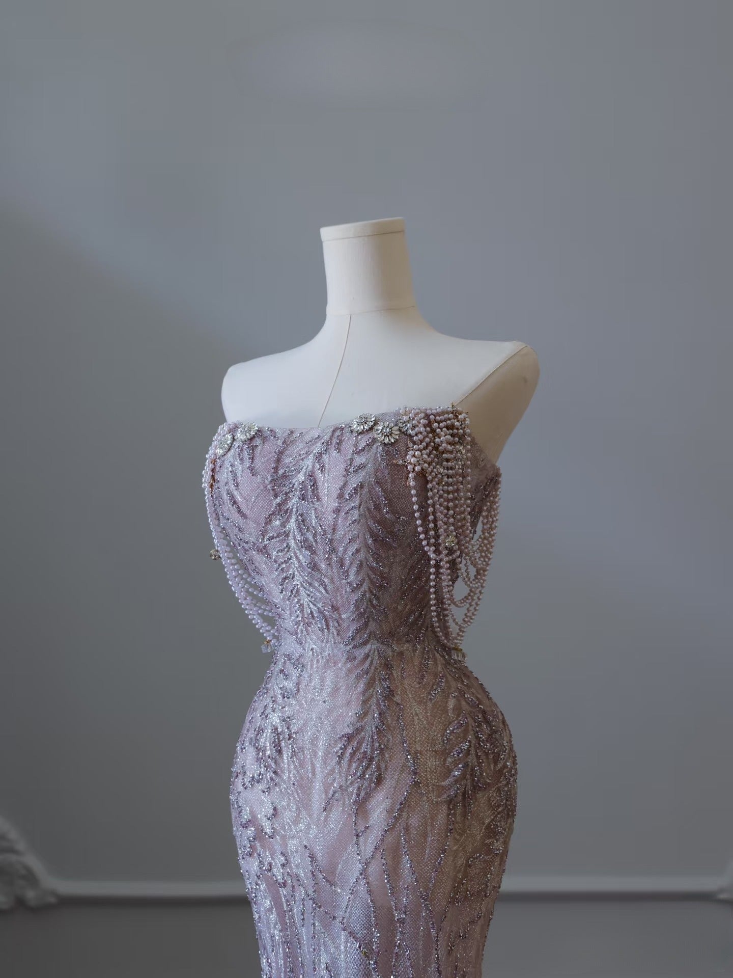 Pretty Mermaid Strapless Lilac Sequin Beads Long Prom Dresses Formal Evening Dress