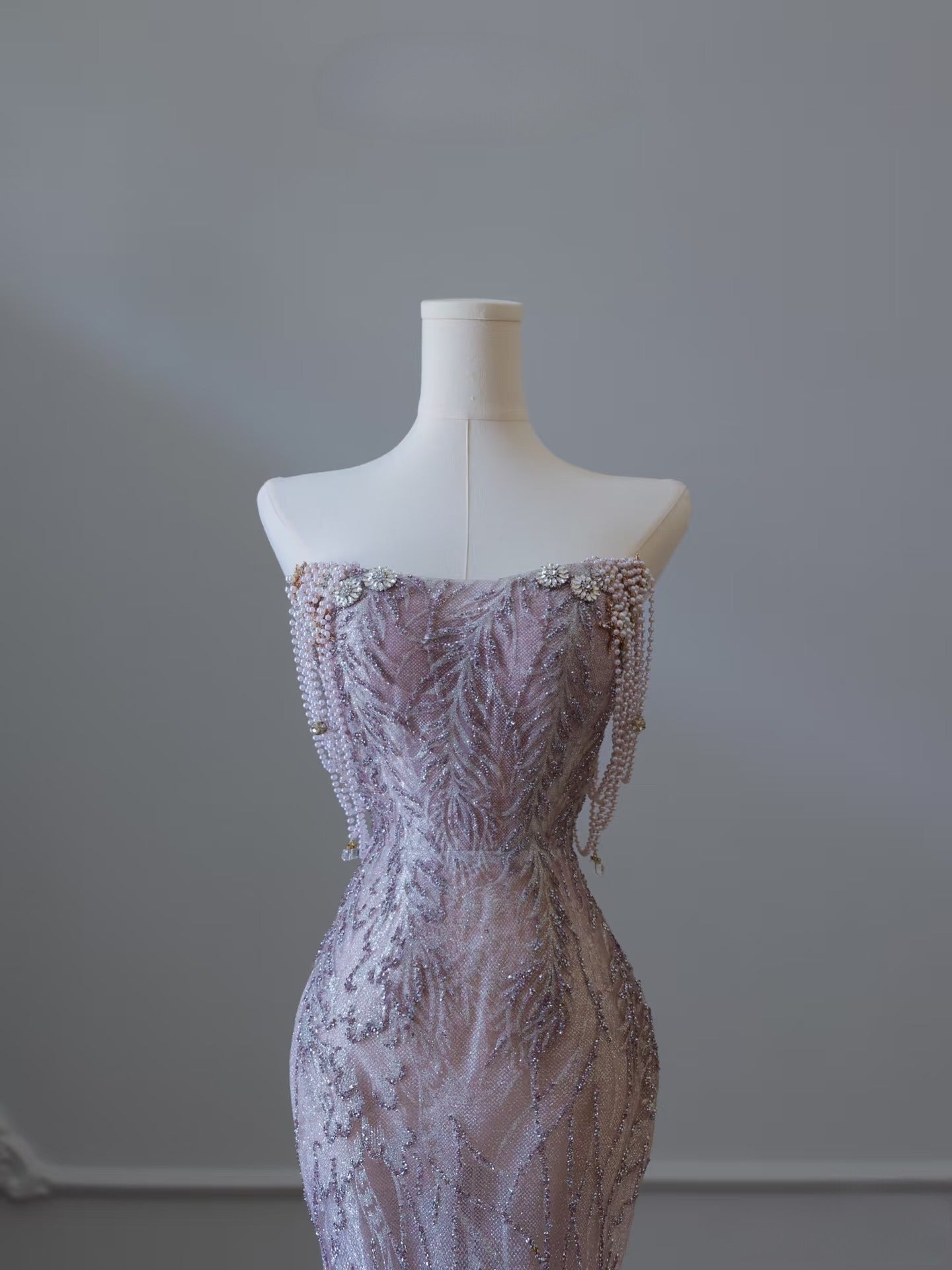 Pretty Mermaid Strapless Lilac Sequin Beads Long Prom Dresses Formal Evening Dress