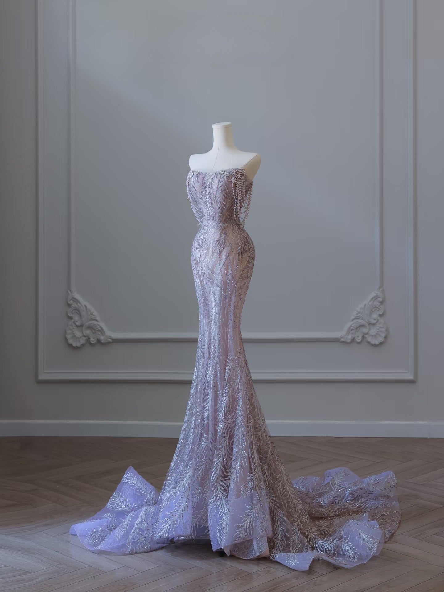 Pretty Mermaid Strapless Lilac Sequin Beads Long Prom Dresses Formal Evening Dress