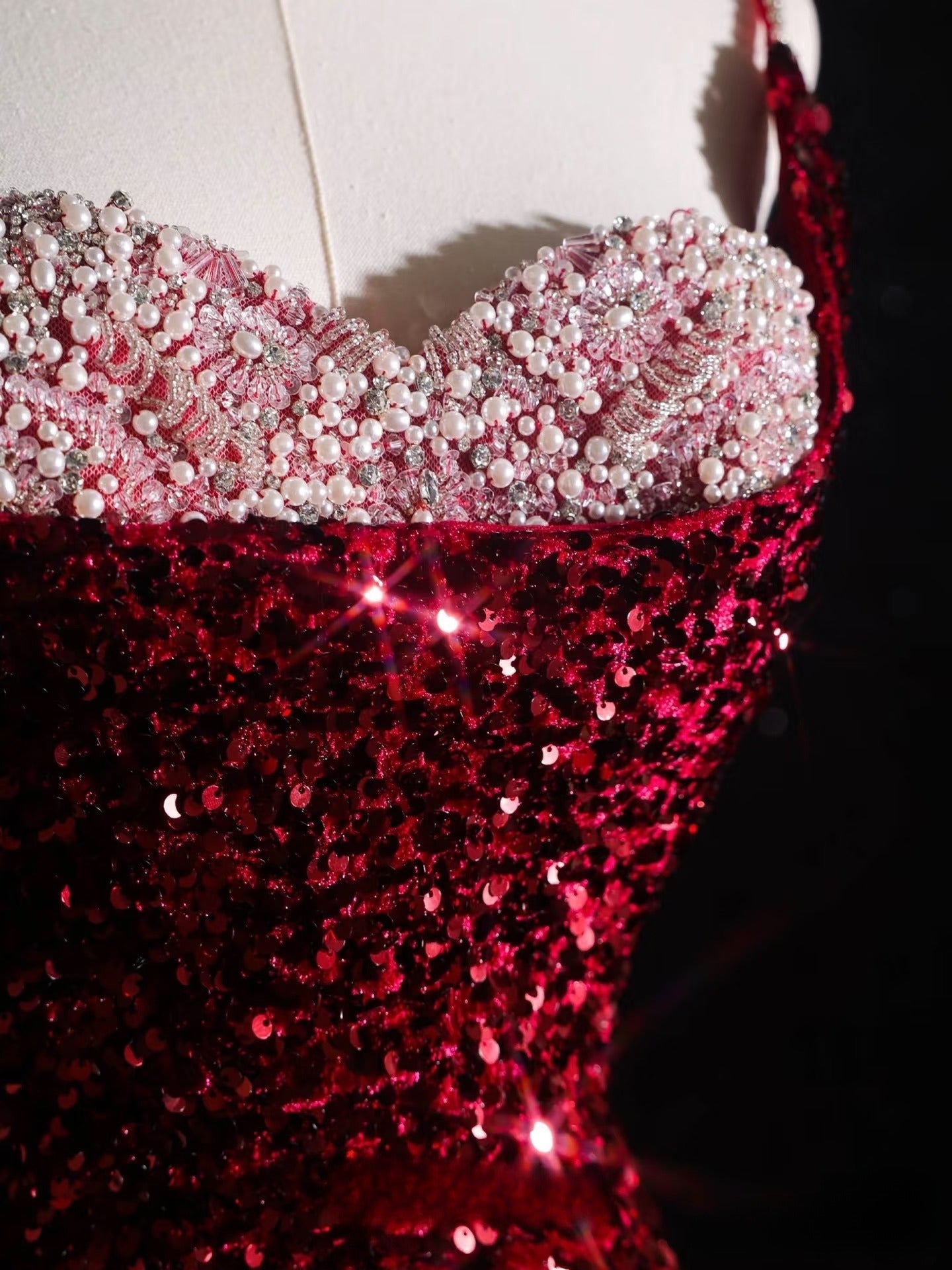 Pretty Mermaid Spaghetti Straps Sequin Beads Burgundy Long Prom Dresses Formal Evening Dress