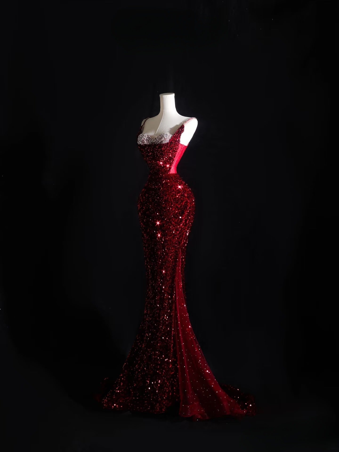Pretty Mermaid Spaghetti Straps Sequin Beads Burgundy Long Prom Dresses Formal Evening Dress