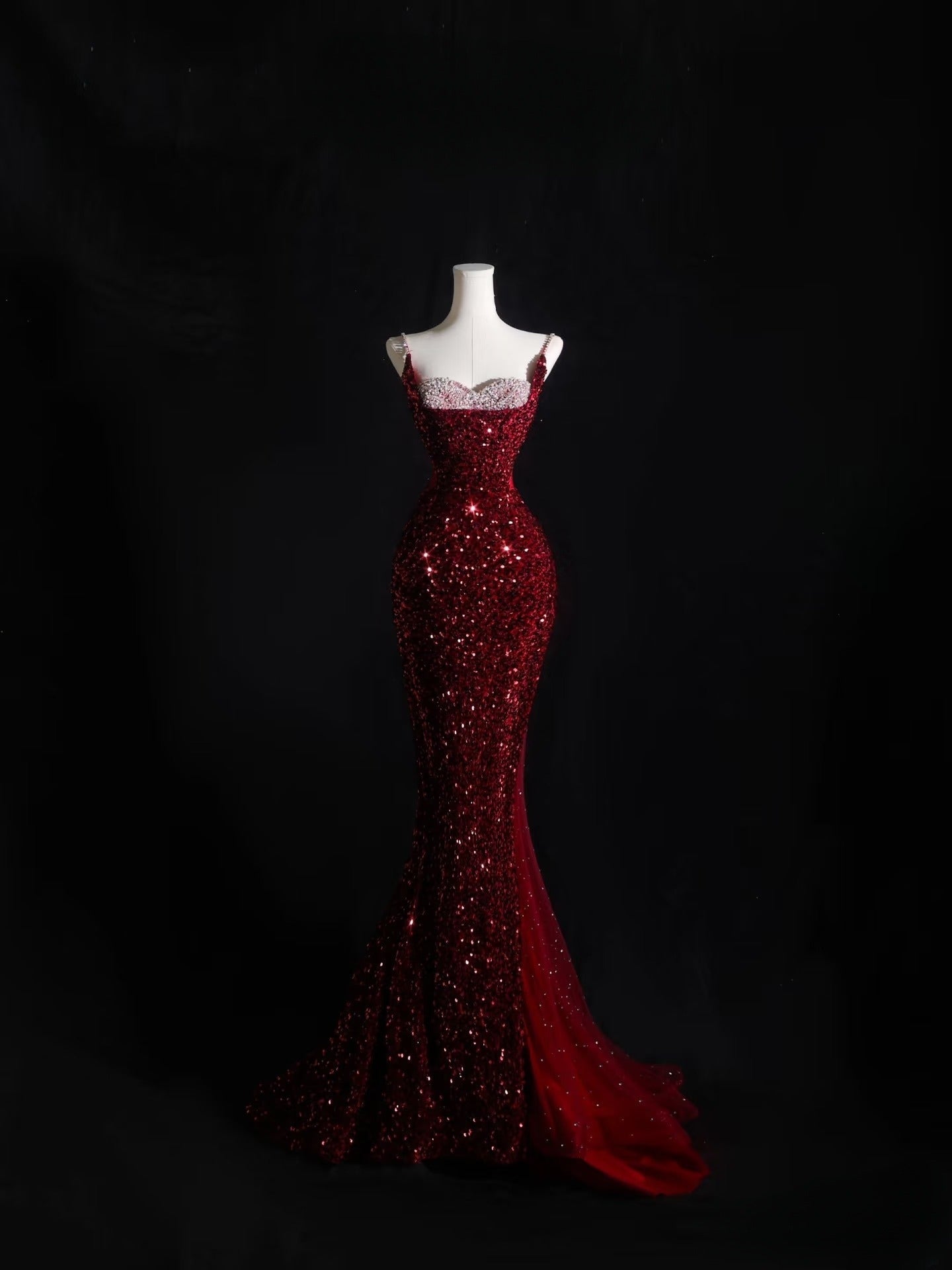 Pretty Mermaid Spaghetti Straps Sequin Beads Burgundy Long Prom Dresses Formal Evening Dress
