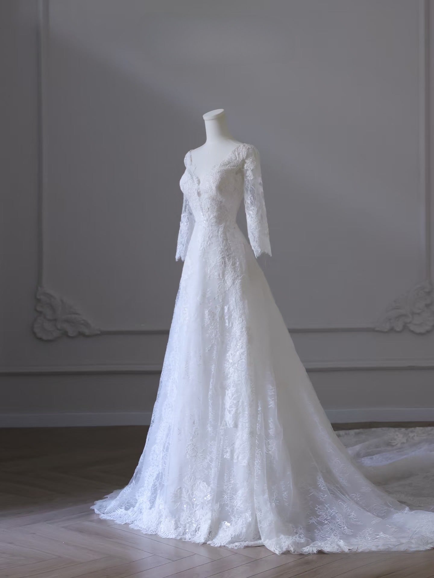 Timeless A line V Neckline White Lace Long Sleeves Wedding Dresses Bridal Dress