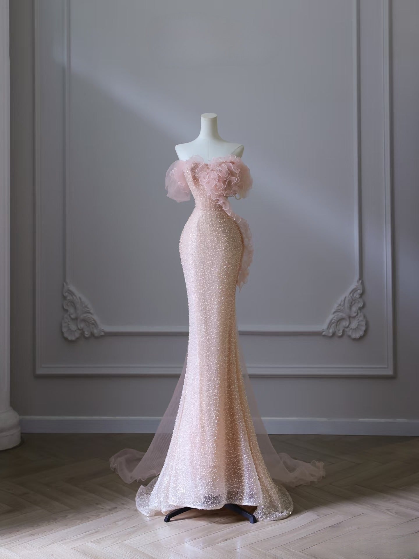 Pretty Mermaid Off The Shoulder Pink Sequin Long Prom Dresses Evening Gowns
