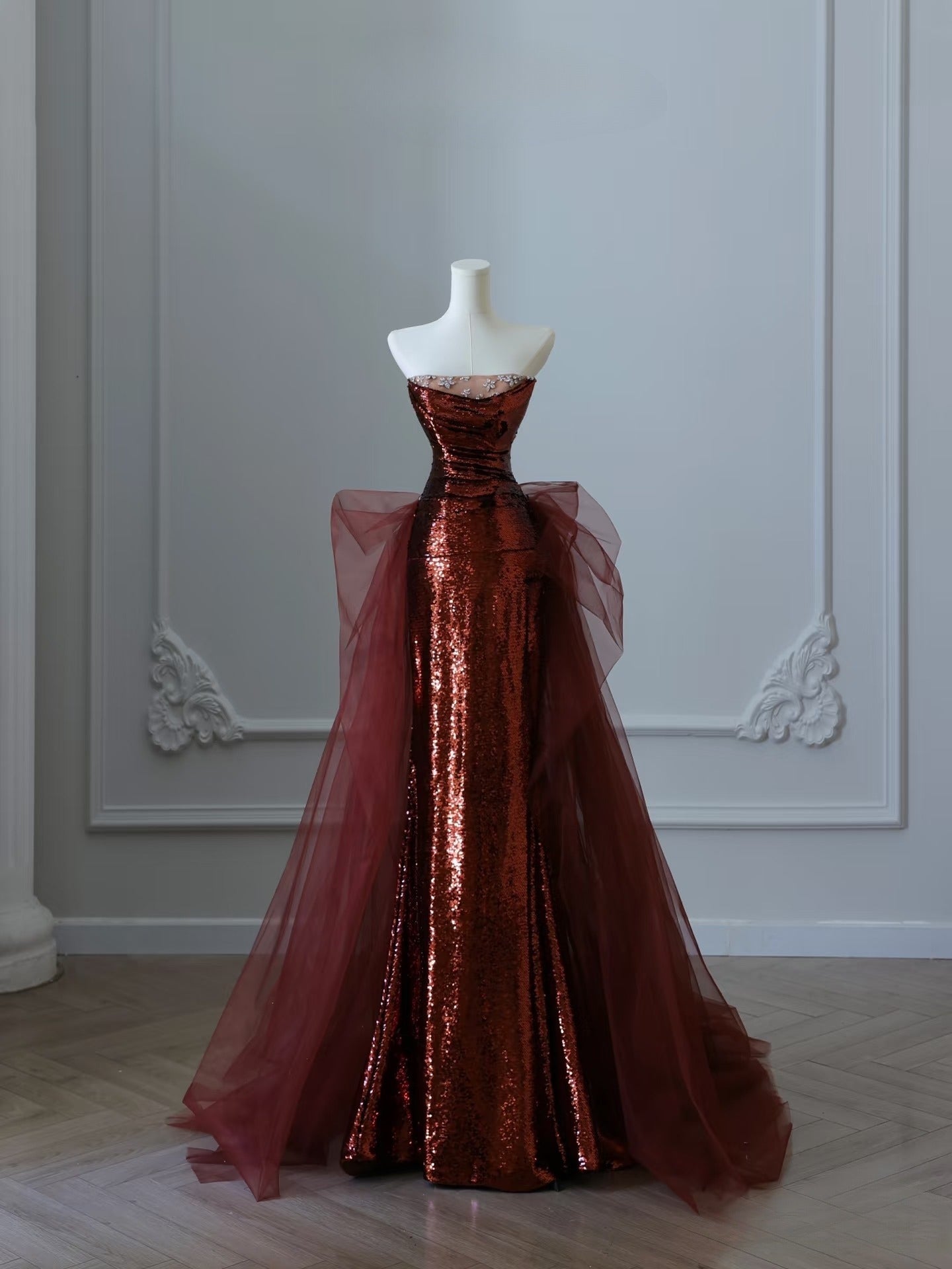 Pretty Mermaid Strapless Sequin Long Burgundy Ruffles Long Prom Dresses Formal Evening Dress