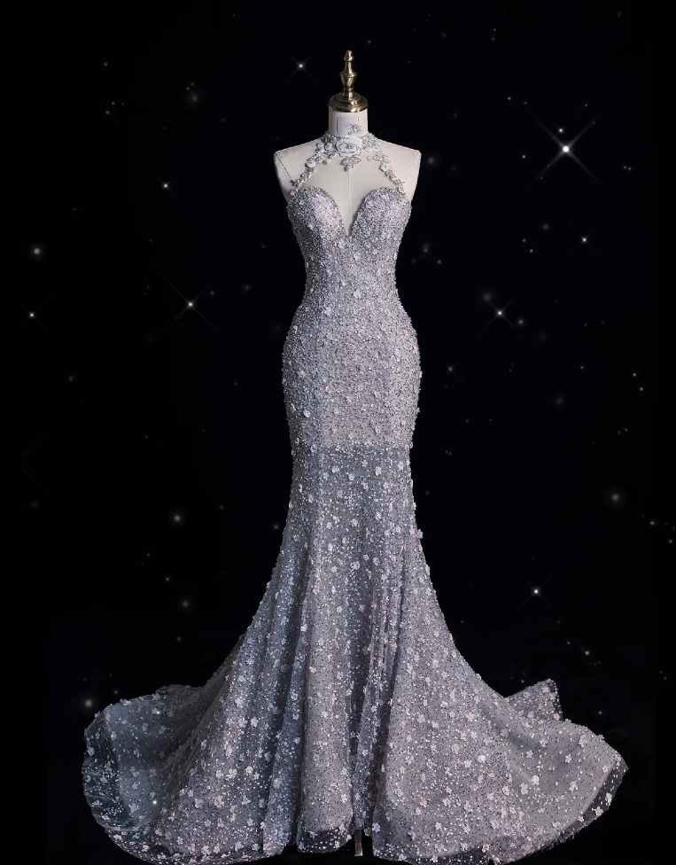 Timeless Mermaid High Neckline Sequin Ruffles Long Wedding Dresses Bridal Dress