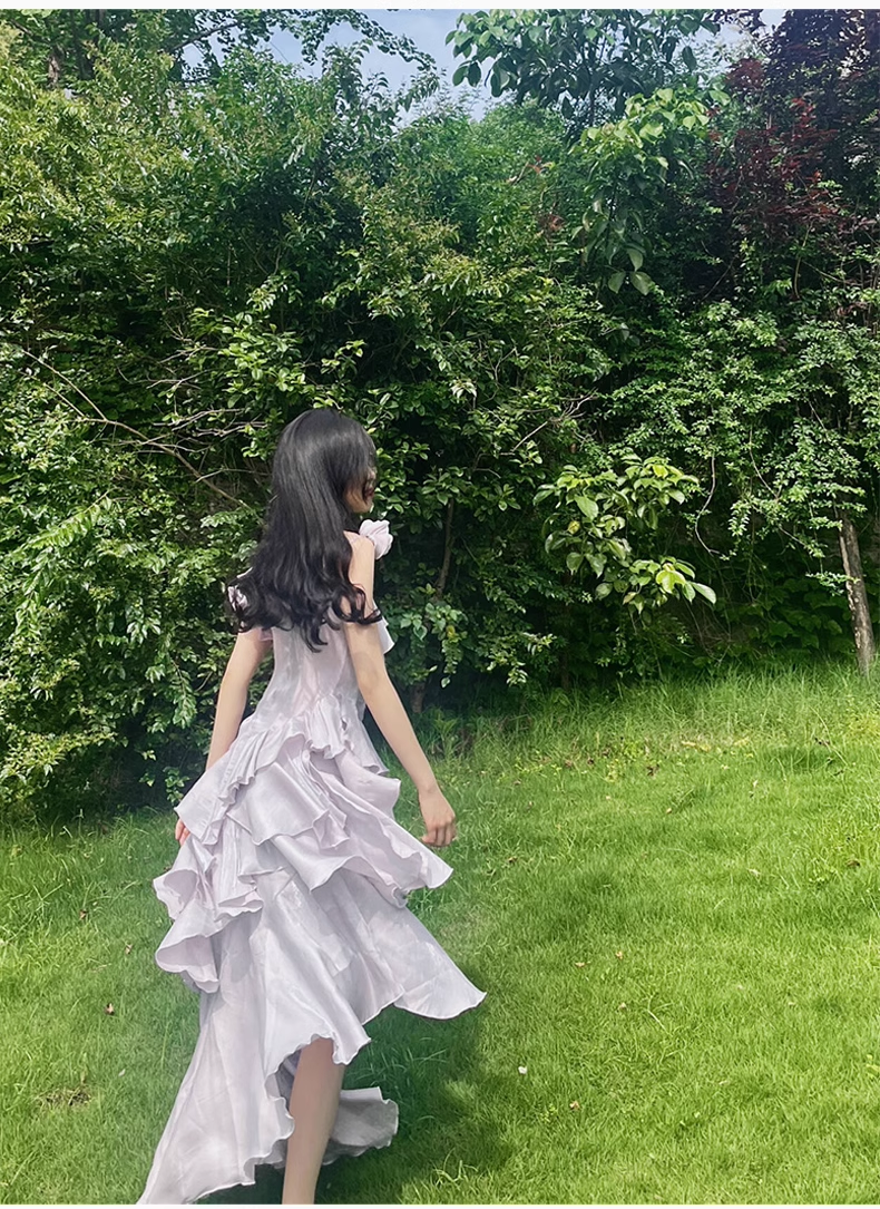 Pretty Irregular Ruffled Suspender Prom Dresses With Detachable Rose Long Birthday Dress For Women