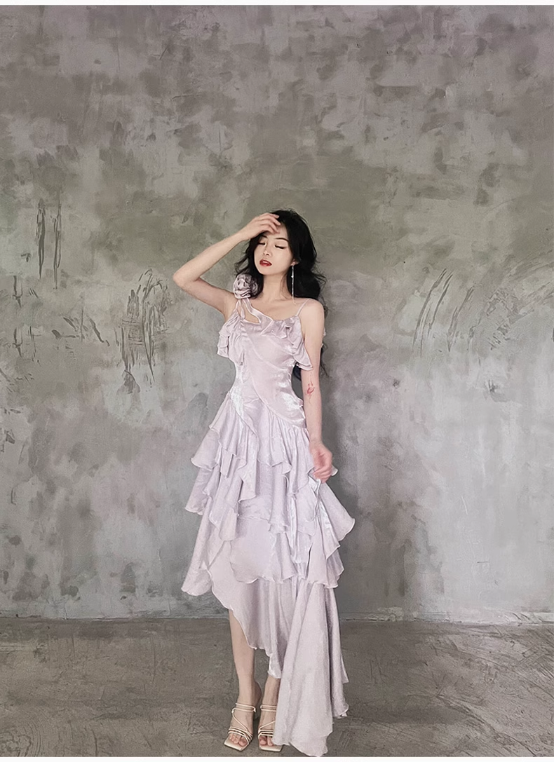 Pretty Irregular Ruffled Suspender Prom Dresses With Detachable Rose Long Birthday Dress For Women
