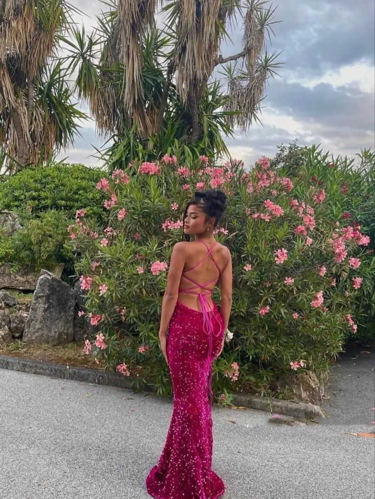 Beautiful Mermaid Spaghetti Straps Backless Sequin Long Party Dresses Prom Dress