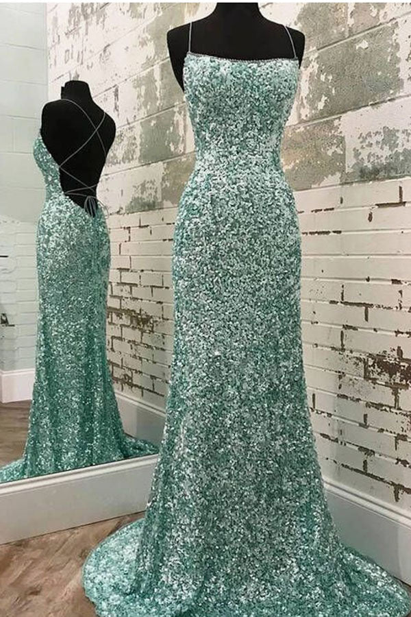 Sexy Mermaid Spaghetti Straps Maxi Long Party Blue Sequin Prom Dresses Evening Dress