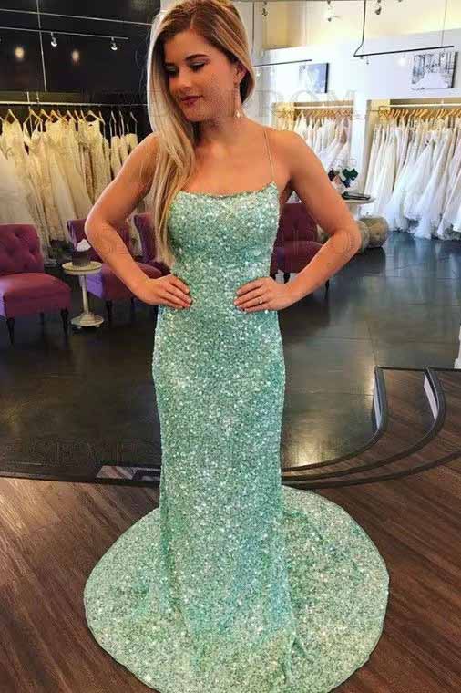 Sexy Mermaid Spaghetti Straps Maxi Long Party Blue Sequin Prom Dresses Evening Dress