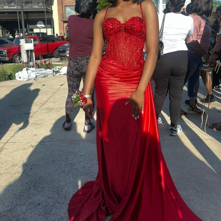 Pretty Mermaid Spaghetti Straps Slit Red Satin Prom Dresses Long Party Dress