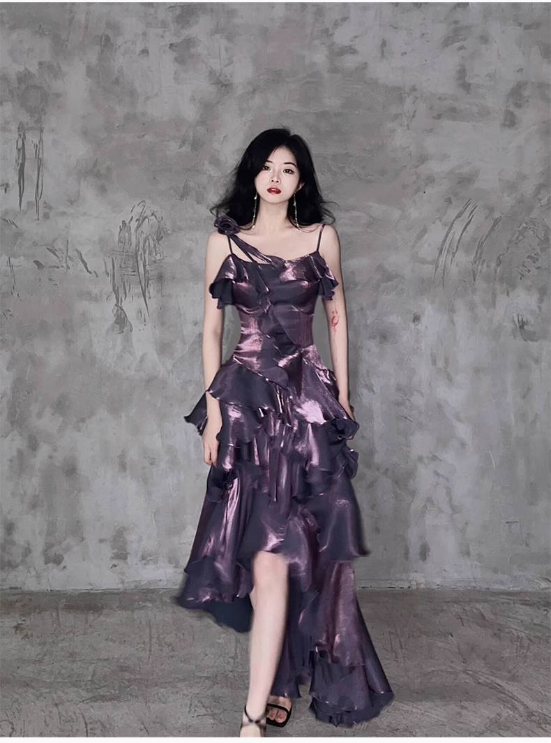 Pretty Irregular Ruffled Spaghetti Straps Grape Prom Dresses With Detachable Rose Long Birthday Dress For Women