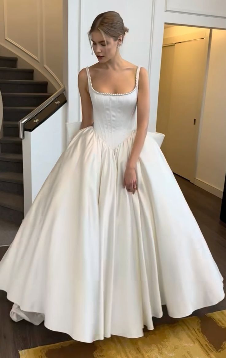 Simple Ball Gown Straps White Satin Long Wedding Dresses Bridal Dress