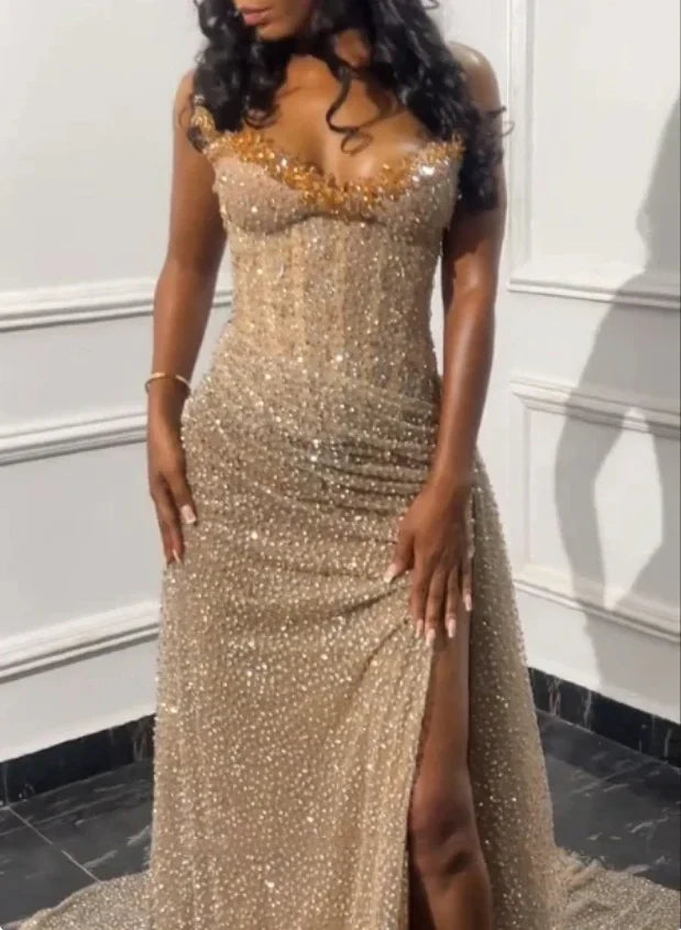 Gorgeous Mermaid Spaghetti Straps Floor Length Sequin Slit Evening Dress Prom Dresses