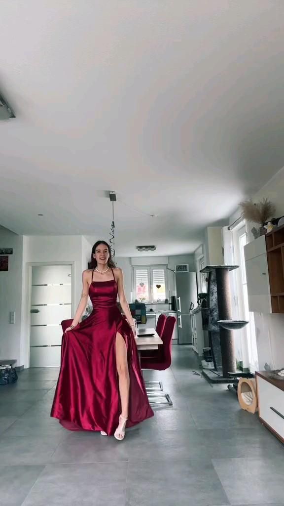 Simple A line Halter Long Party Dress Satin Burgundy Prom Dresses