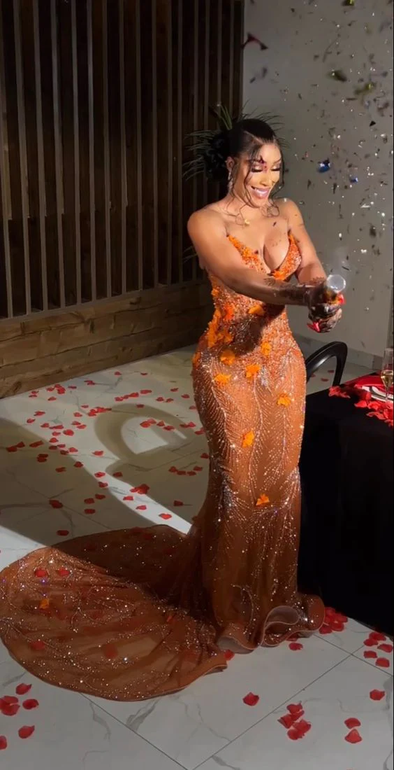 Gorgeous Mermaid Strapless Floor Length Orange Lace Sequin Evening Dress Prom Dresses