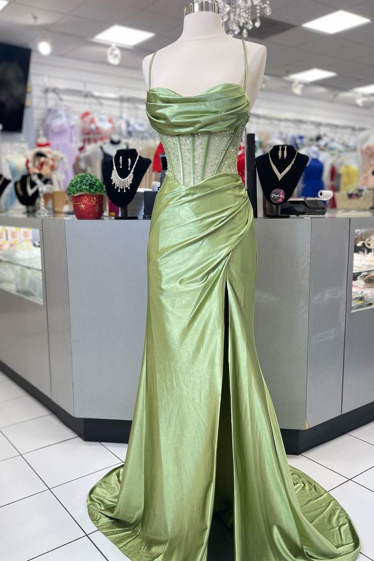Pretty Mermaid Spaghetti Straps Red Long Satin Prom Dresses Formal Evening Dress