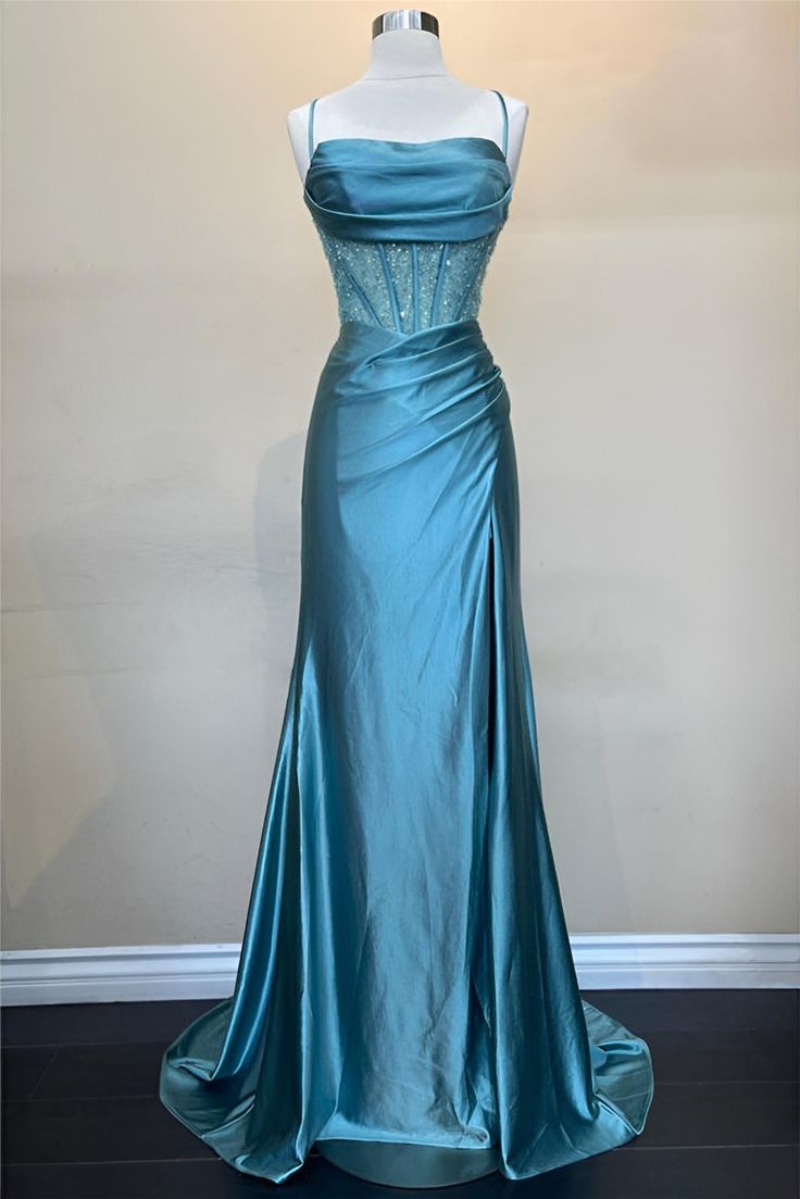 Pretty Mermaid Spaghetti Straps Red Long Satin Prom Dresses Formal Evening Dress