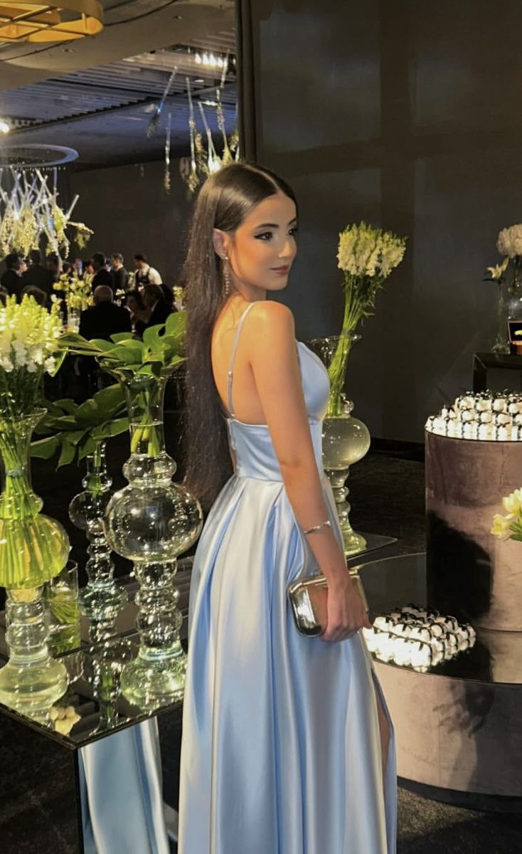 Simple A line Spaghetti Straps Light Blue Long Party Dress Prom Dresses