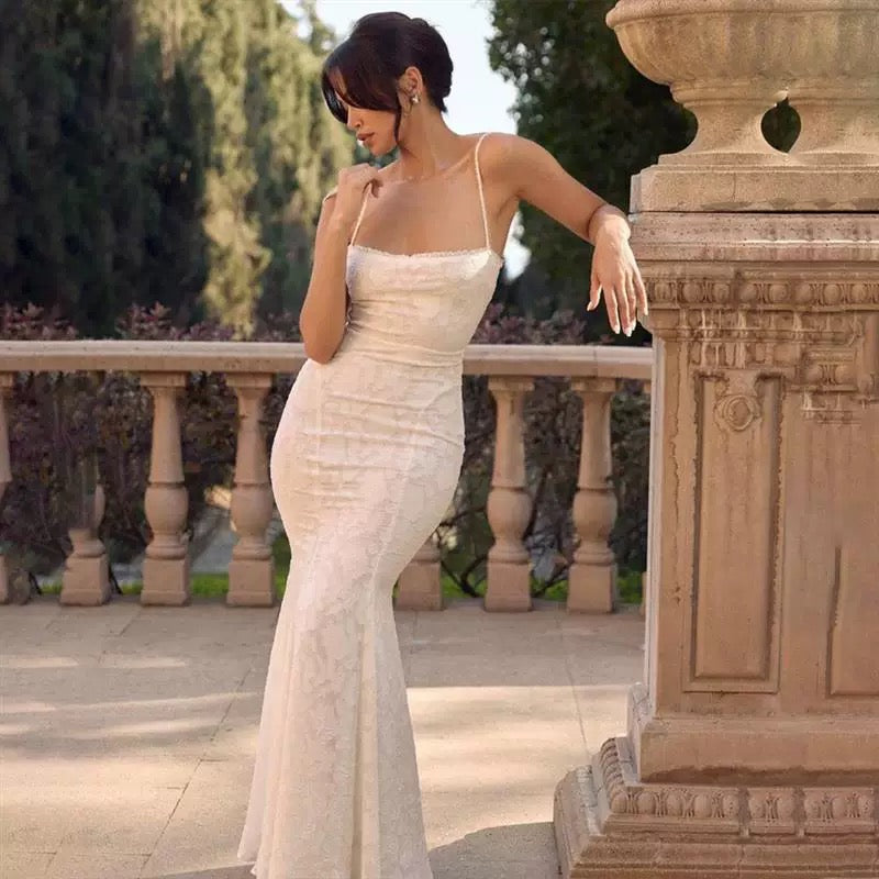 Modest Mermaid Spaghetti Straps Long White Prom Dresses Formal Graduation Party Dress Evening Dress