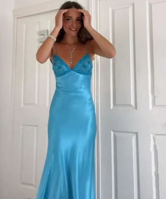 Classy Spaghetti Strap Sleeveless Mermaid Satin Long Backless Prom Dresses