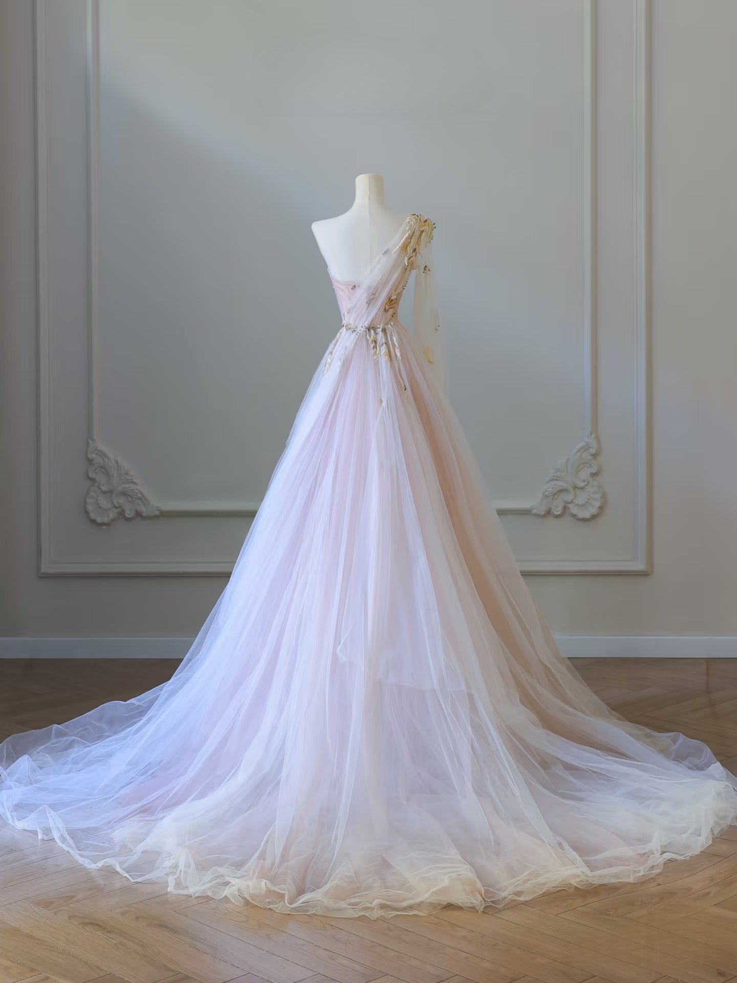 Classy A line One Shoulder Tulle Lace Long Evening Dress Prom Dresses