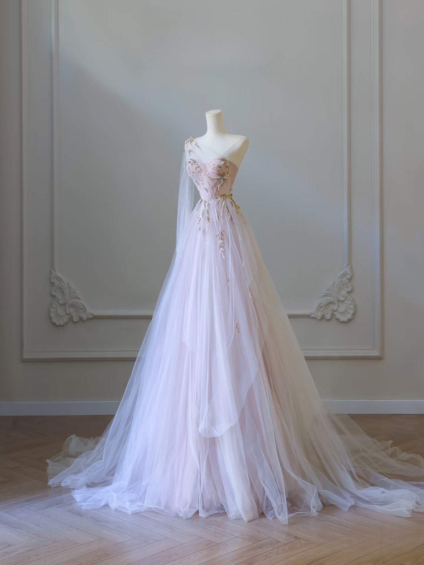 Classy A line One Shoulder Tulle Lace Long Evening Dress Prom Dresses