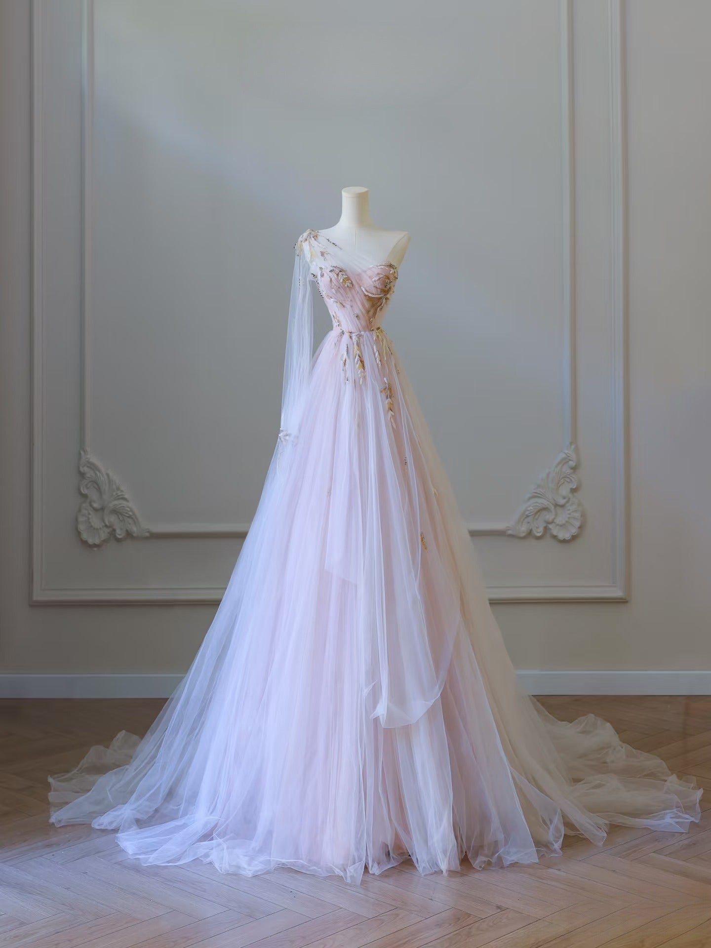 Classy A line One Shoulder Tulle Lace Long Evening Dress Prom Dresses