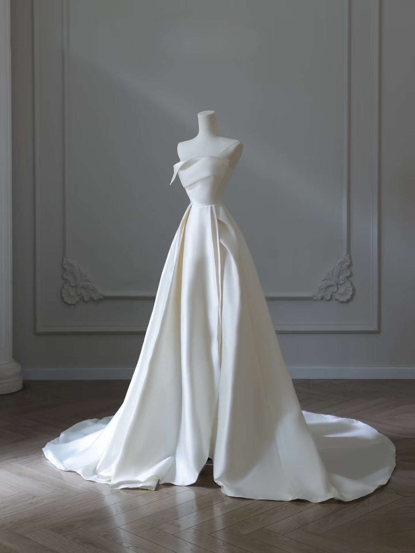 Timeless A line Strapless Satin Ivory Long Wedding Dress Bridal Dresses