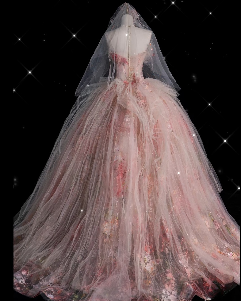 Classy Ball Gown Sweetheart Pink Floral Tulle Long Evening Dress Prom Dresses