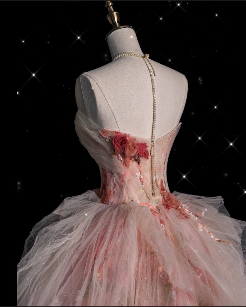 Classy Ball Gown Sweetheart Pink Floral Tulle Long Evening Dress Prom Dresses