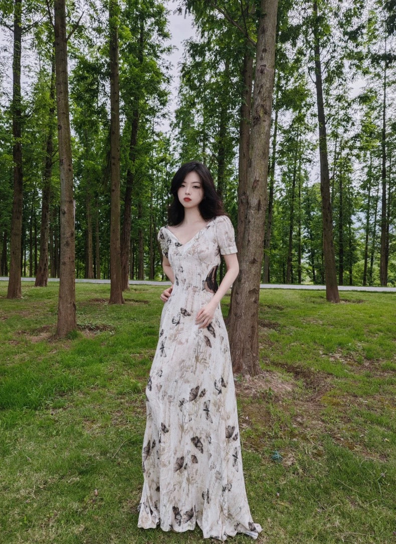 Pretty A line V Neckline Floral Long Prom Dresses Birthday Dress For Women
