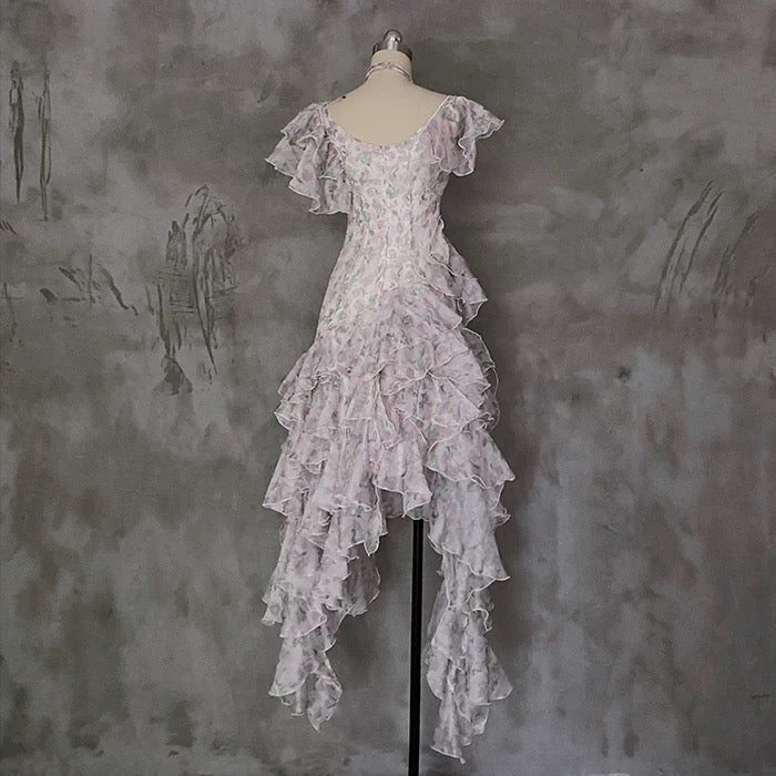 Modest A Line Scoop Short Sleeves Floral Ruffles Prom Dresses Birthday Dress For Women