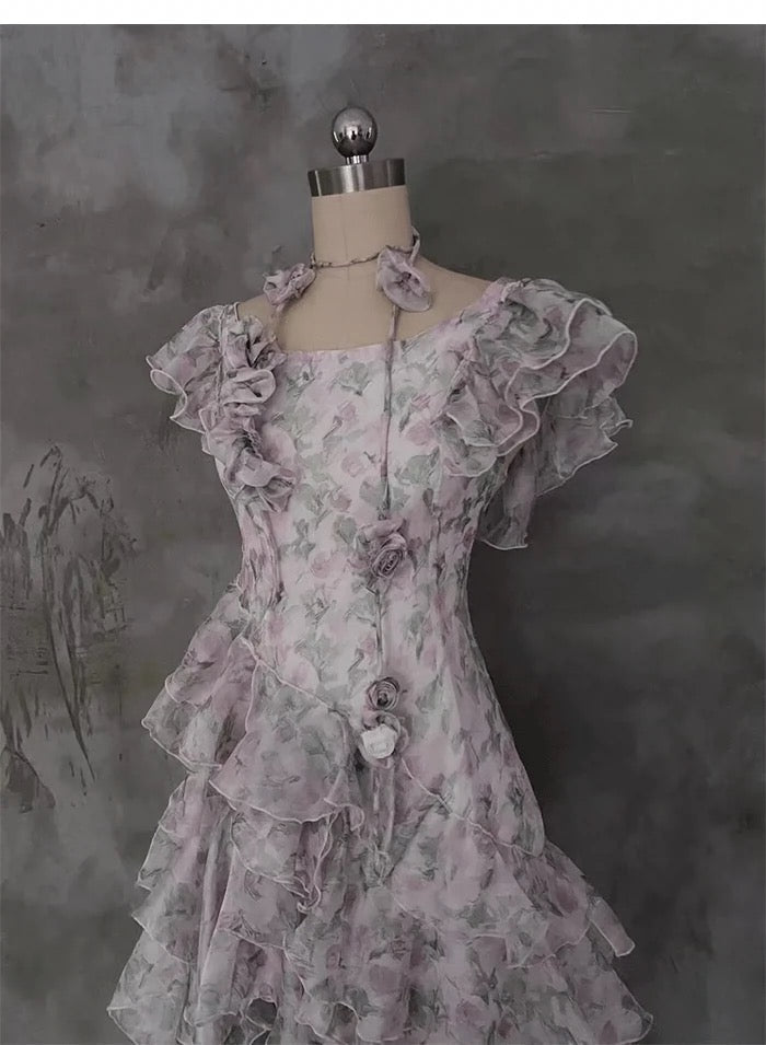 Modest A Line Scoop Short Sleeves Floral Ruffles Prom Dresses Birthday Dress For Women