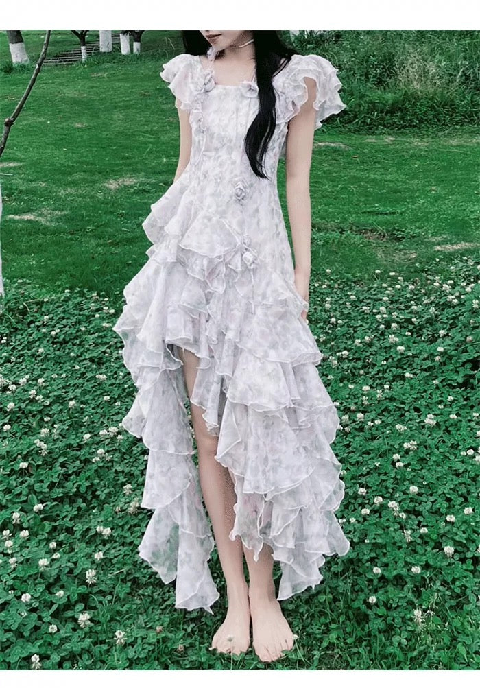 Modest A Line Scoop Short Sleeves Floral Ruffles Prom Dresses Birthday Dress For Women
