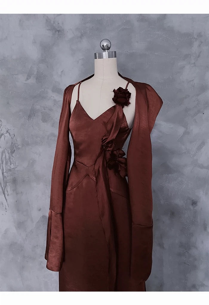 Chic A line Spaghetti Straps Burgundy Floral Long Prom Dresses Birthday Dress With Jacket