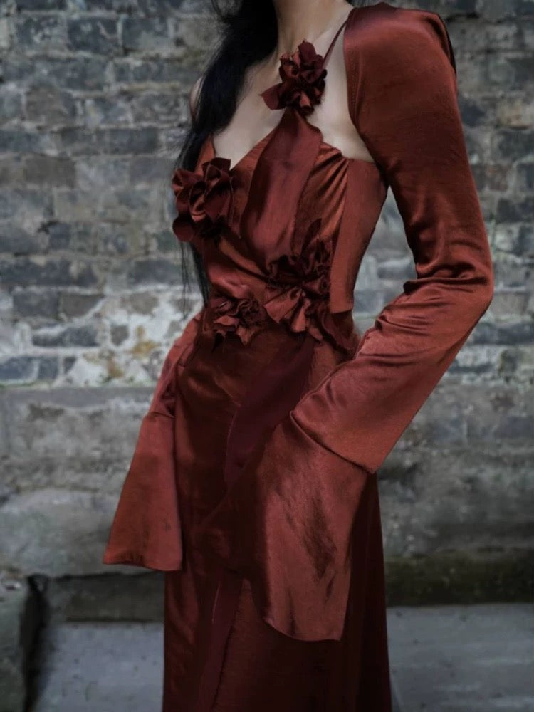 Chic A line Spaghetti Straps Burgundy Floral Long Prom Dresses Birthday Dress With Jacket