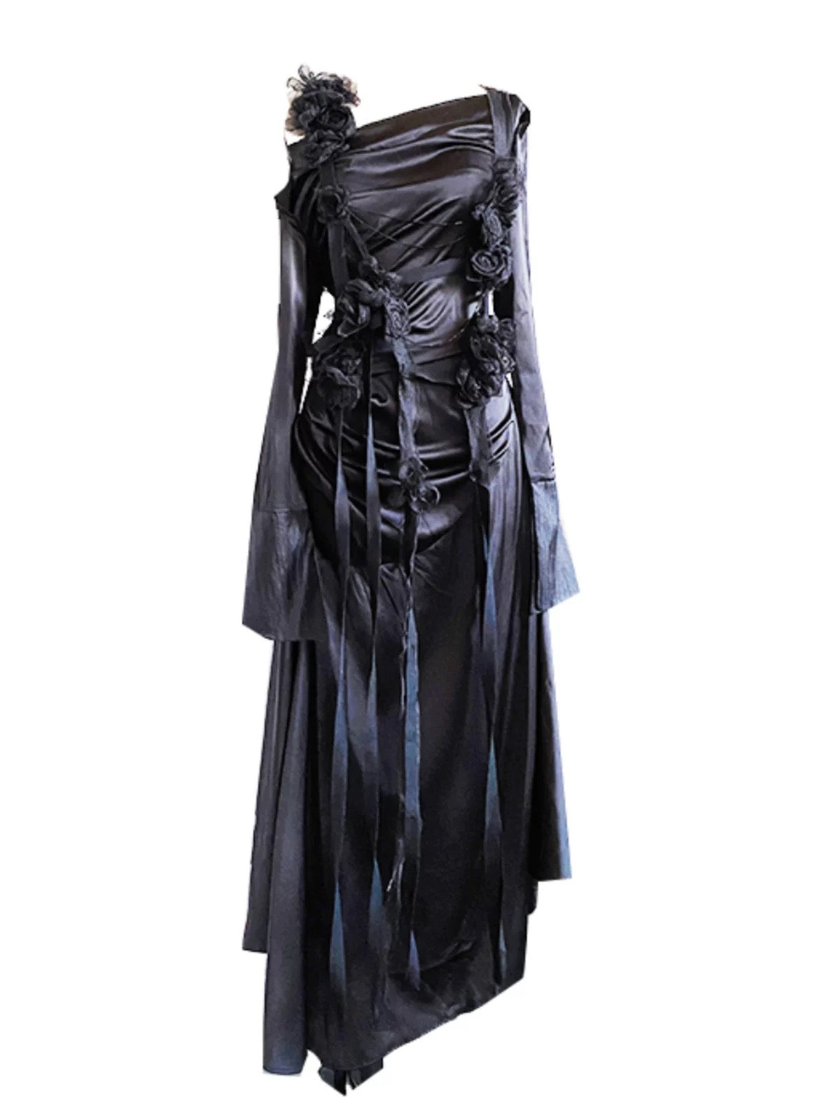Chic A line Straps Black Long Prom Dresses Birthday Dress With Sleeves