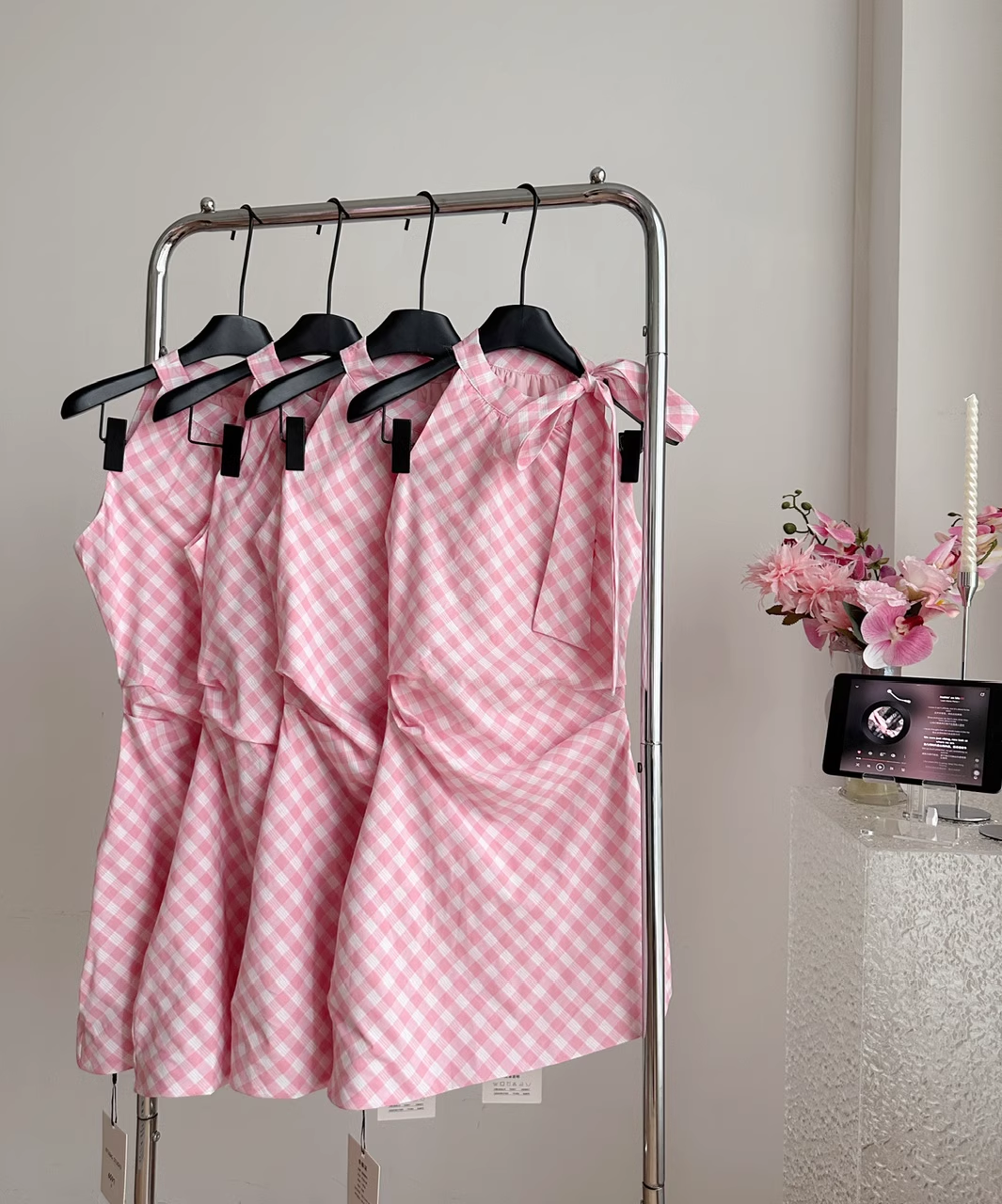 Halter Neck Off Shoulder Pink Plaid Sleeveless Dress Irregular Bow Holiday Dresses