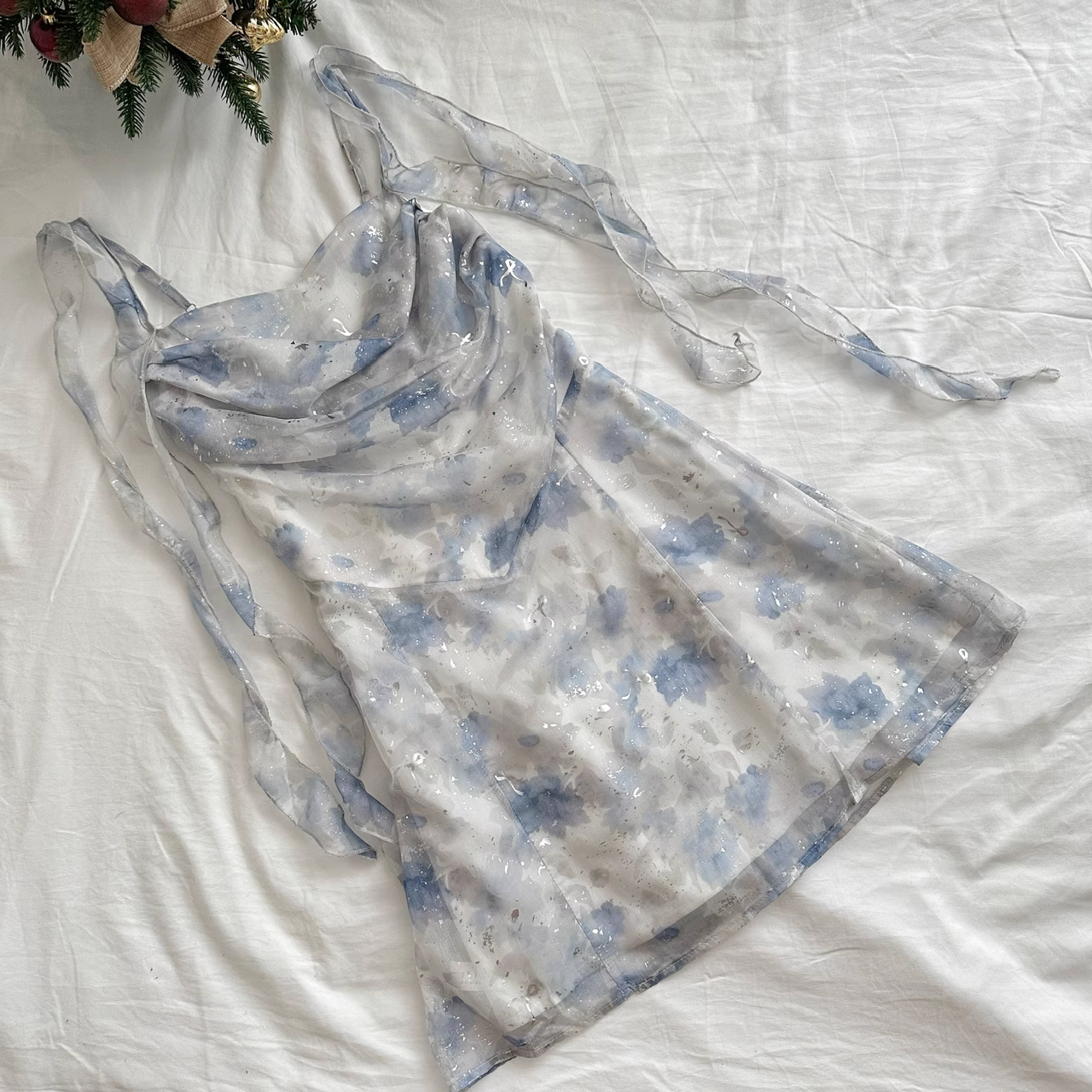Sheath Straps Sleeveless Floral Blue Dress Short Holiday Dresses