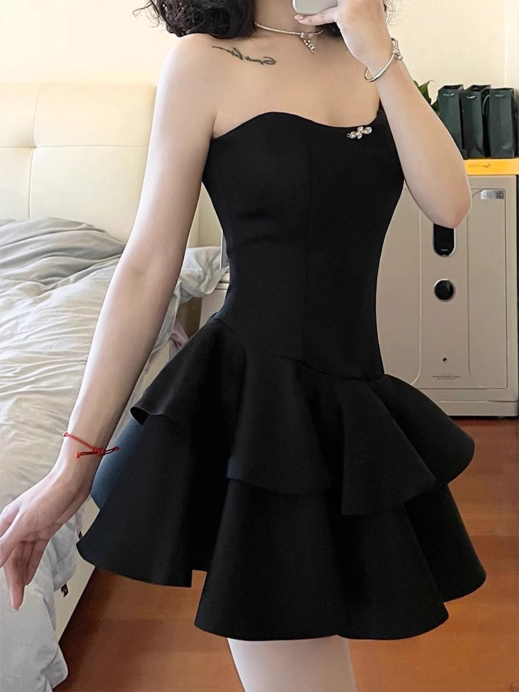 Cute A line Strapless Little Black Dress Hoco Dresses Short Satin Birthday Outfits