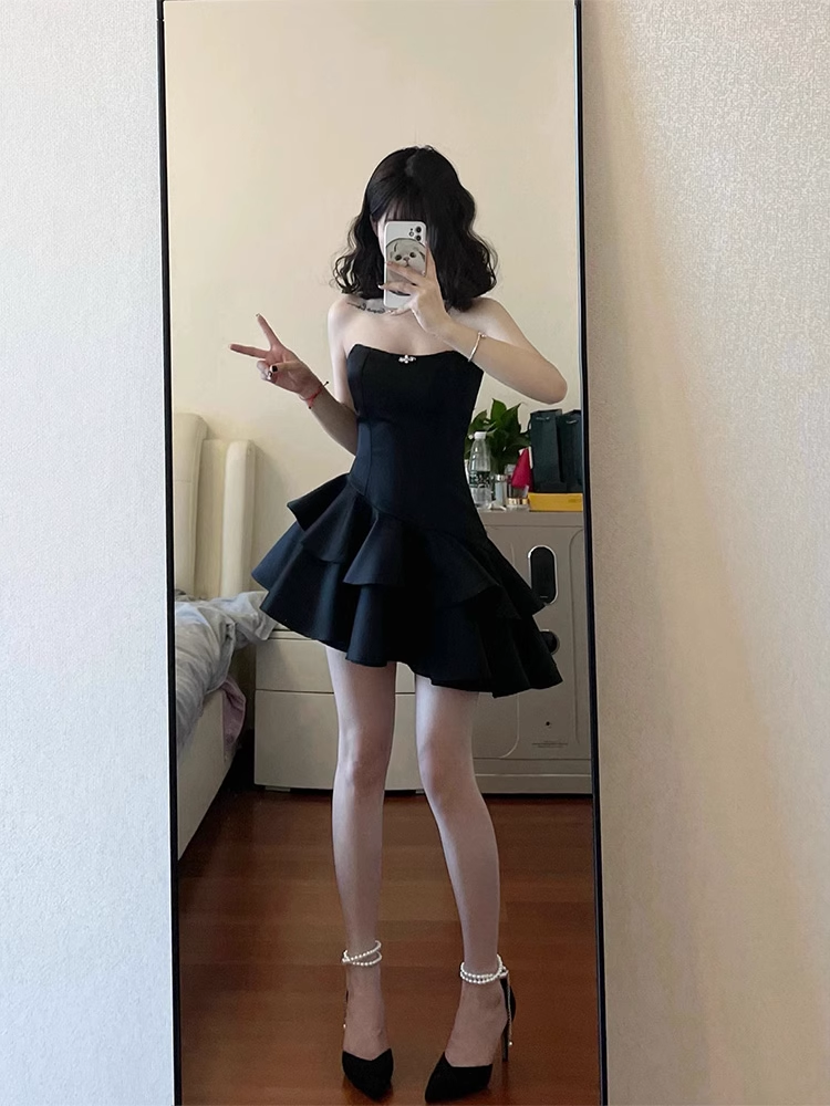Cute A line Strapless Little Black Dress Hoco Dresses Short Satin Birthday Outfits