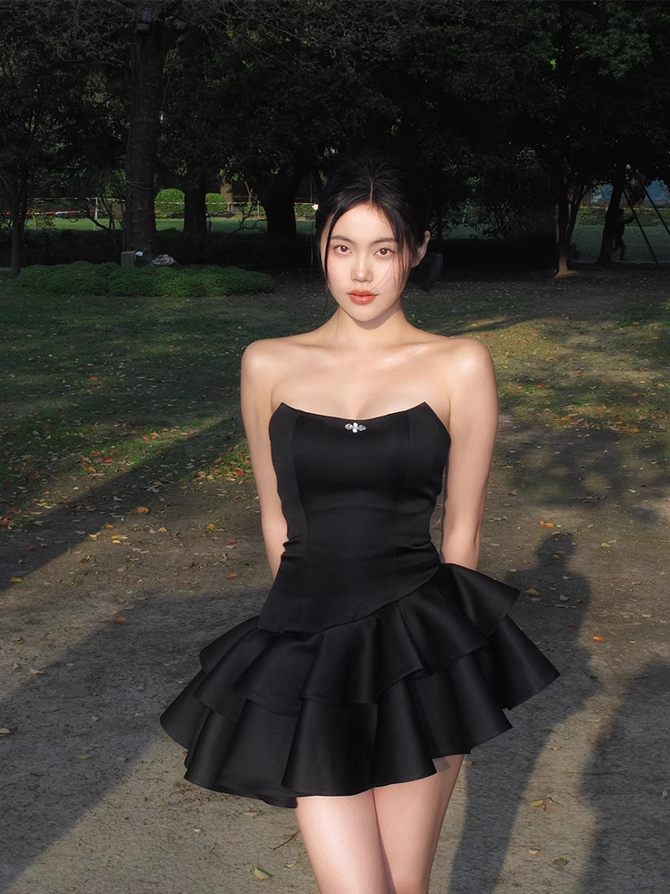 Pretty A line Strapless Little Black Dress Hoco Dresses Short Birthday Outfits