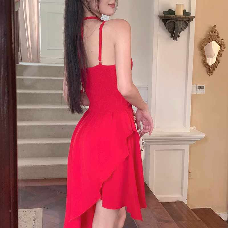 Simple A line Irregular Hem Spaghetti Straps Red Dinner Dress Short Birthday Outfit