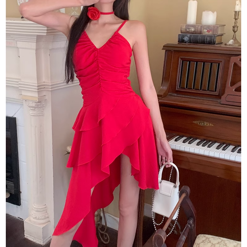 Simple A line Irregular Hem Spaghetti Straps Red Dinner Dress Short Birthday Outfit