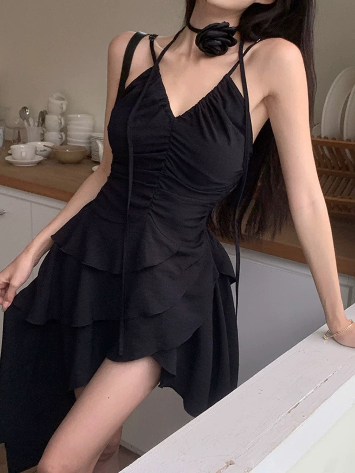 Simple A line Irregular Hem Spaghetti Straps Little Black Dresses Short Satin Birthday Outfit