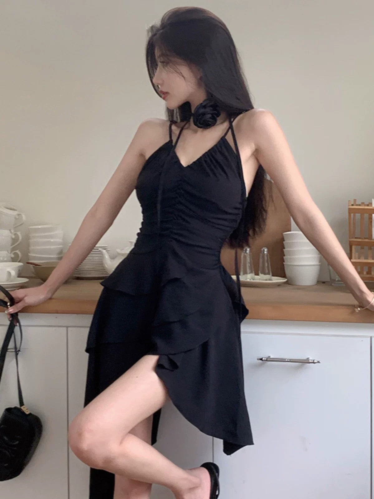 Simple A line Irregular Hem Spaghetti Straps Little Black Dresses Short Satin Birthday Outfit
